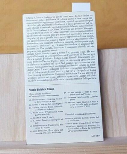 Arturo Jemolo - Chiesa E Stato In Italia 1965 Piccola Biblioteca Einaudi - Arturo Carlo Jemolo - copertina