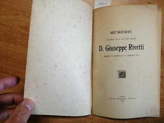 Memorie Intorno Alla Vita Del Priore D. Giuseppe Rivetti 1922 Roddino Alba( - Giuseppe Rivetti - copertina