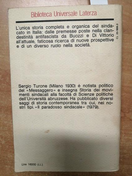 Sergio Turone - Storia Del Sindacato In Italia 1943/1980 - Laterza 1981 - Sergio Turone - copertina