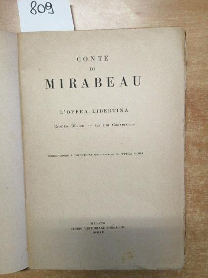 L' Opera Libertina - Conte Di Mirabeau - Erotika Biblion 1920 Corbaccio - copertina