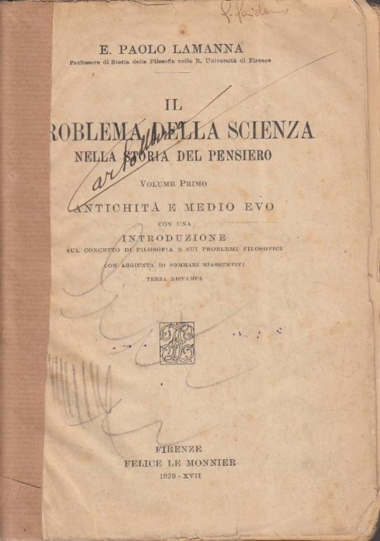 Il problema della scienza nella storia del pensiero. Primo volume - Paolo E. Lamanna - copertina