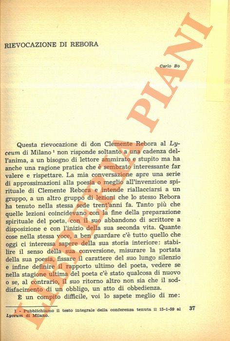 Rievocazione di Rebora - Carlo Bo - copertina