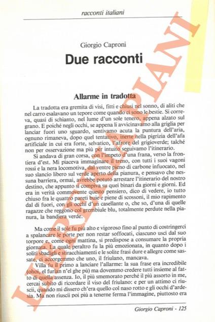 Due racconti. Allarme in tradotta. Ingresso a Castelvittorio - Giorgio Caproni - copertina