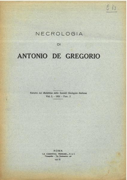 Necrologia di Antonio De Gregorio - Francesco Cipollini - copertina