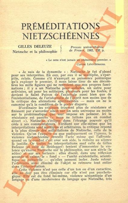 Préméditations nietzschéennes. Gilles Deleuze. Nietzsche et la philosophie - André Glucksmann - copertina