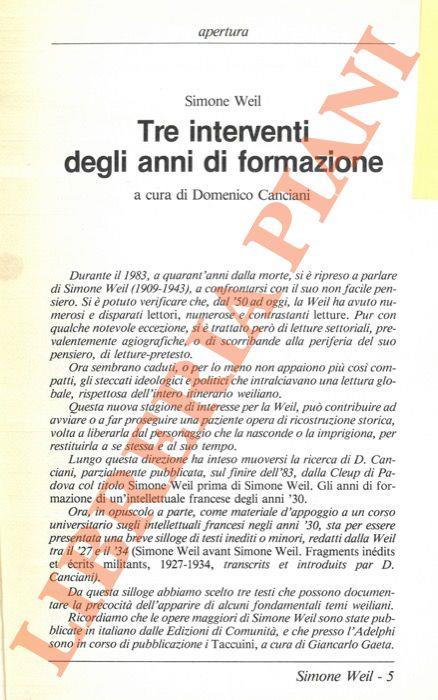 Tre interventi degli anni di formazione. 1. Riflessioni sul servizio civile. 2. Dopo la visita d una miniera. 3. Lettera a un'allieva - Simone Weil - copertina
