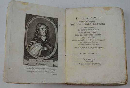 L' asino. Poema eroicomico... con gli argomenti di Alessandro Zacco e le Annotazioni del Co: Sertorio Orsato - Carlo De' Dottori - copertina