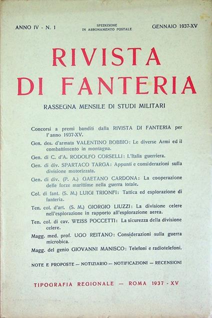 Rivista di fanteria: rassegna mensile di studi militari: Anno IV - N. 1 - Gennaio 1937-XV - copertina