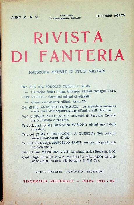 Rivista di fanteria: rassegna mensile di studi militari: Anno IV - N. 10 - Settembre 1937-XV - copertina
