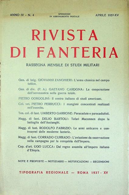 Rivista di fanteria: rassegna mensile di studi militari: Anno IV - N. 4 - Aprile 1937-XV - copertina