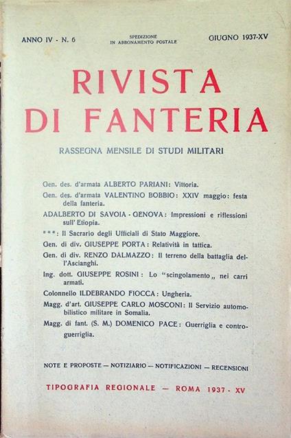 Rivista di fanteria: rassegna mensile di studi militari: Anno IV - N. 6 - Giugno 1937-XV - copertina