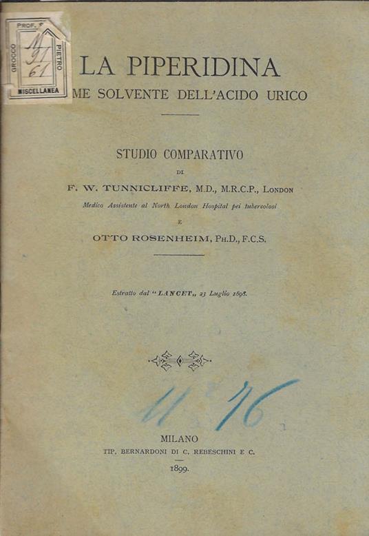 La piperidina come solvente dell'acido urico - copertina