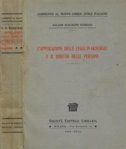 L' applicazione delle leggi in generale e il diritto delle persone - copertina
