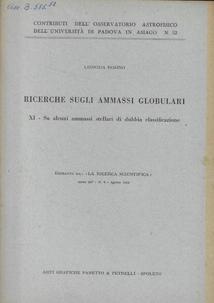 Ricerche sugli ammassi globulari - copertina