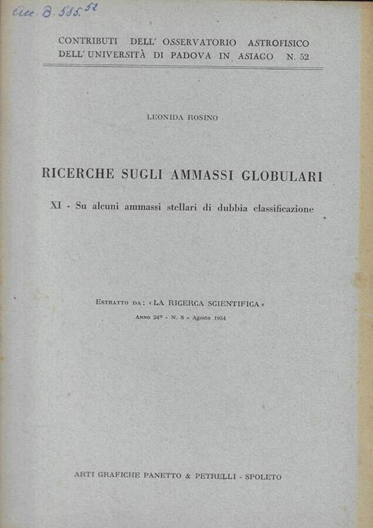 Ricerche sugli ammassi globulari - copertina
