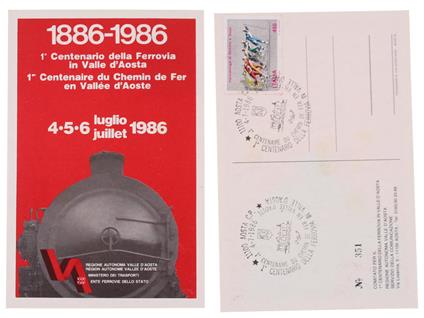 Cartolina: 1886-1986 : 1° Centenario Della Ferrovia In Valle D'aosta. 4/5/6 Luglio 1986 - copertina