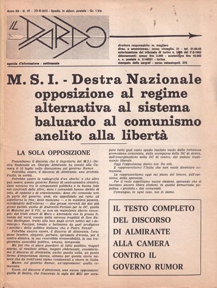 Il Dardo, anno XII, numero 19, 1973 - copertina