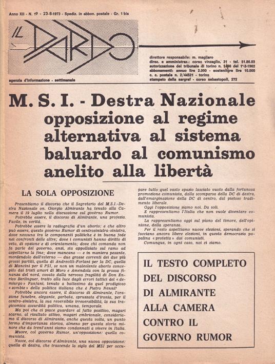 Il Dardo, anno XII, numero 19, 1973 - copertina