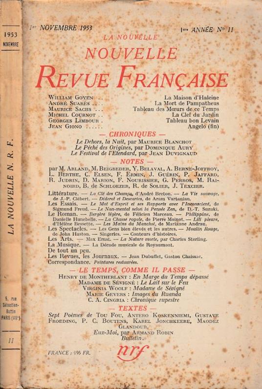 La nouvelle revue francaise anno I, n 11, nov 1953 - Jean Paulhan - copertina