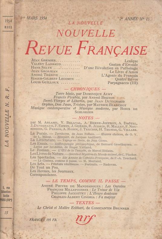 La nouvelle revue francaise anno II, n 15, mar 1954 - Jean Paulhan - copertina