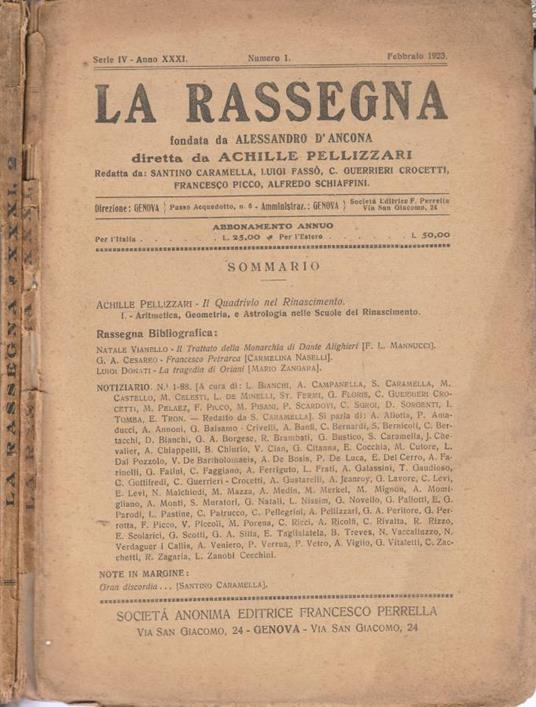 La rassegna serie IV, anno XXXI, n 1,2 1923 - Achille Pellizzari - copertina