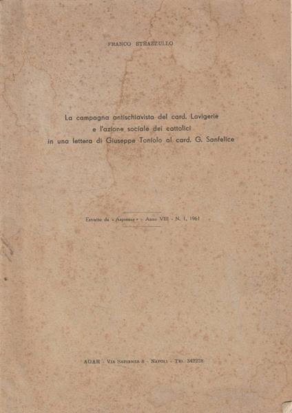La campagna antischiavista del card. Lavigerie e l'azione sociale dei cattolici in una lettera di Giuseppe Toniolo al card. G. Sanfelice - Franco Strazzullo - copertina