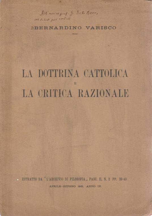 La dottrina cattolica e la critica razionale - Bernardino Varisco - copertina