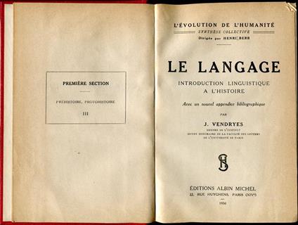 Le langage. Introduction linguistique a l'Histoire. VENDRYES, J. - copertina