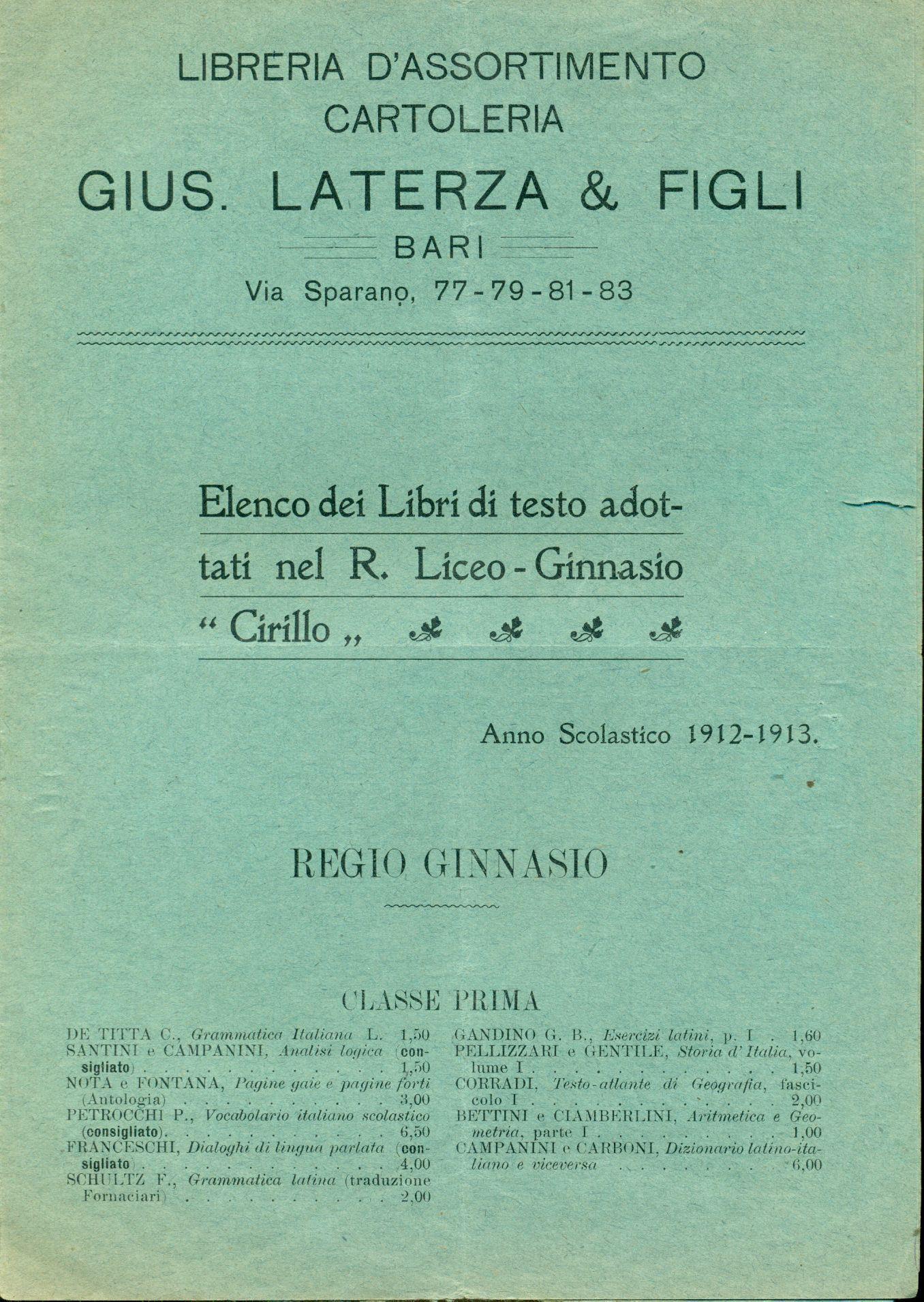 Elenco dei libri di testo adottati in alcune scuole baresi, anno scolastico 1912-1913