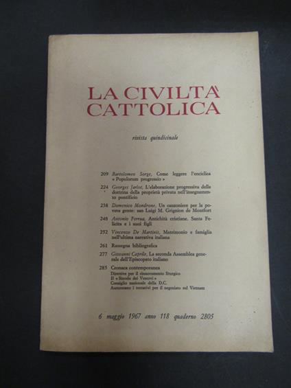 La civiltà cattolica. Rivista quindicinale. Edizioni La Civiltà cattolica. Vol. 2 - N. 3 - Anno 118 - Quaderno 2805. Roma. 6 maggio 1967 - copertina