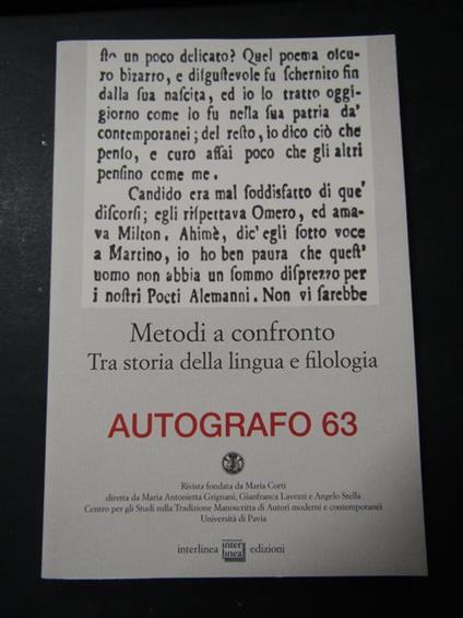Aa.Vv. Metodi A Confronto. Tra Storia Della Lingua E Filologia. Interlinea. 2020 - copertina