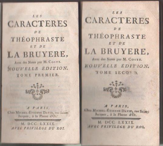 Les Caractèrs de Théophraste et de La Bruyere (2 voll.). Pierre Coste - Pierre Coste - copertina