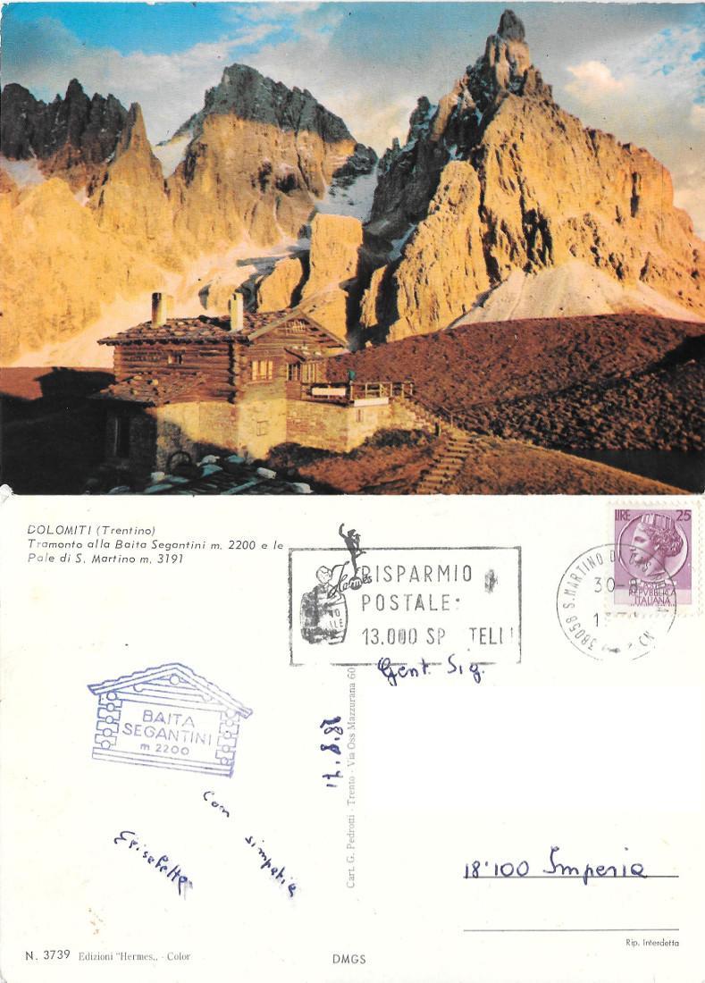 Dolomiti. Tramonto alla Baita Segantini. Pale di S. Martino. Viaggiata 1971