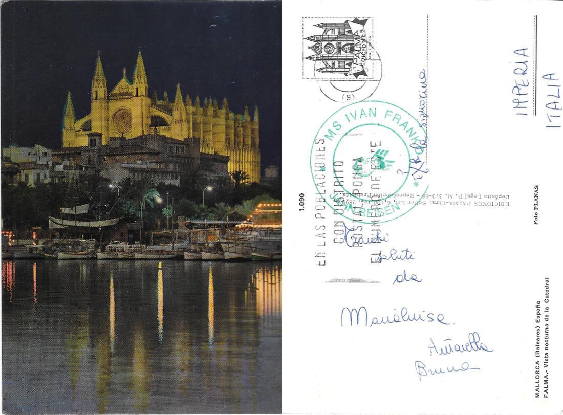 Maiorca. Vista notturna della Cattedrale . Viaggiata 1985. Timbro nave Ivan Franko