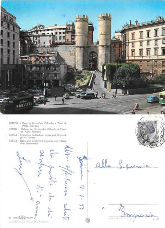 Genova. Casa di C. Colombo e Torri di Porta Soprana. viaggiata 1953 - copertina