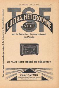 L' Ultra-Hétérodyne Vitus / Pival. Pubblicita 1926, fronte retro - copertina