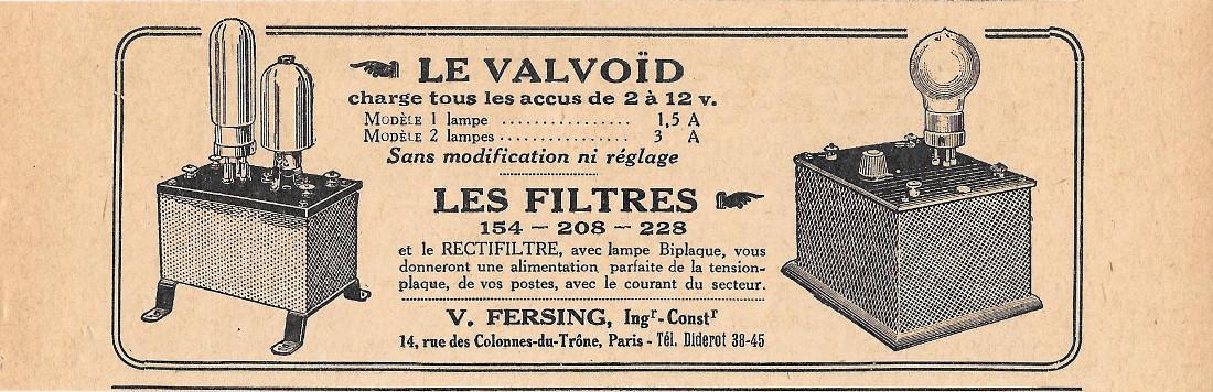Le valvolid, les filtrea. V. fersing, ing.r-const.r, Paris. Pubblicita 1926