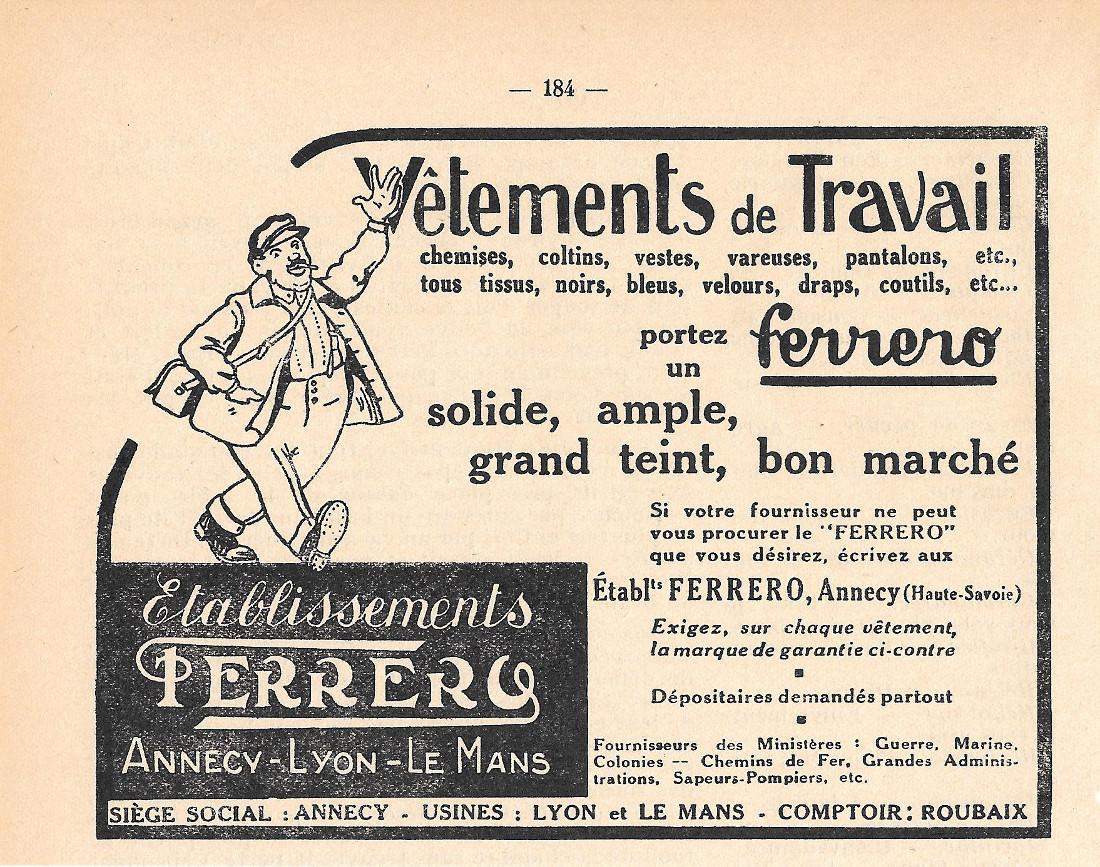 Ferrero, Annecy, Lyon, Le Mans. Vetements de travail. Pubblicita 1932