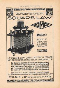 Condensateur Square Law, GMR / Photo-Plait . Pubblicita 1926, fronte retro - copertina