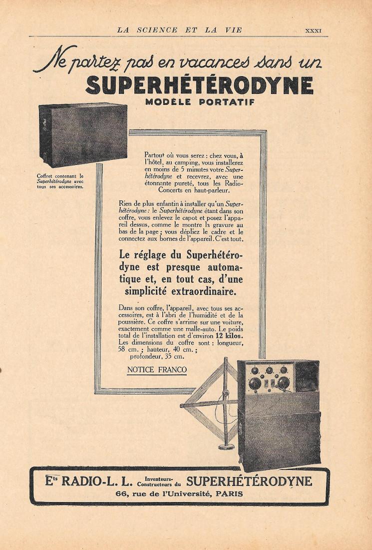 Superhétérodyne. Ets Radio L.L., Paris. Pubblicita 1926