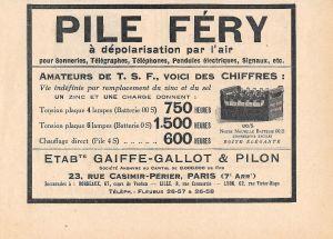 Pile Féry. Etab.ts Gaiffe-Gallot & Pilon, Paris. Pubblicita 1926 - copertina