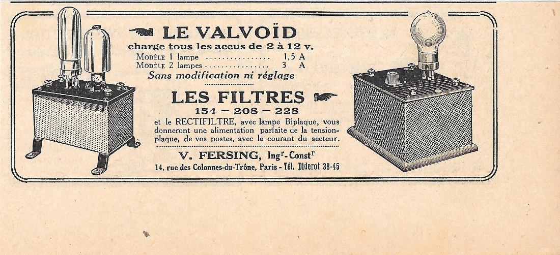 V. Fersing, Paris, Ing.r, const.r. Valvoloid, filtres. Pubblicita 1926