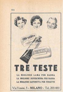 Tre Teste. Lame da barba, crema da barba, saponette. Advertising 1947 - copertina