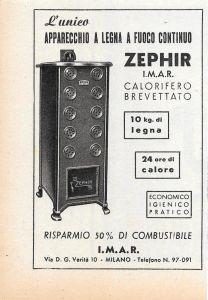 Zephir. L'unico apparecchio a legna a fuoco continuo. Advertising 1947 - copertina