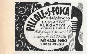 Pillole di S. Fosca o del Piovano. Farmacia Ponci, Venezia. Advertising 1947 - copertina