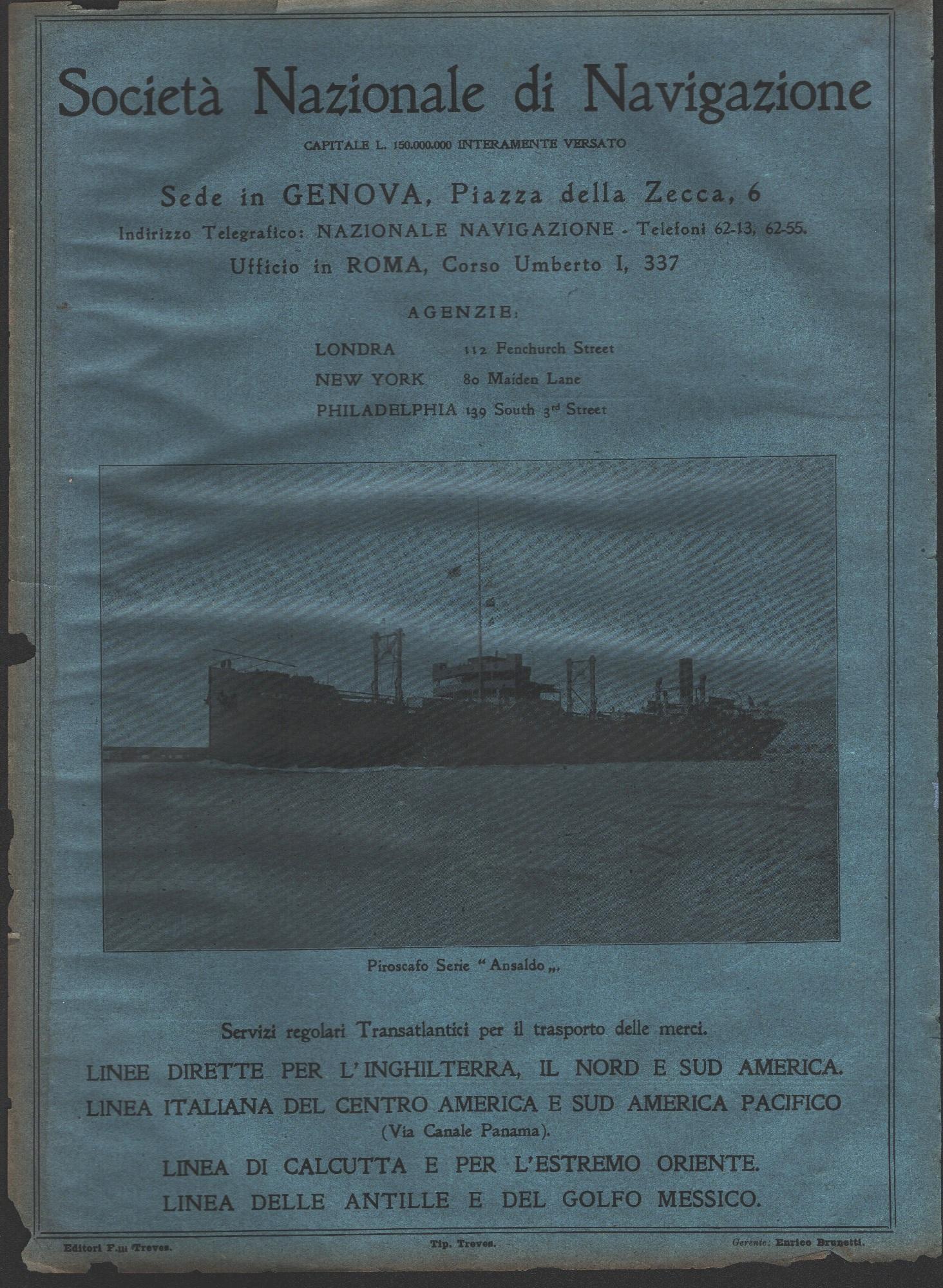 Società Nazionale di Navigazione Genova. Advertising 1919
