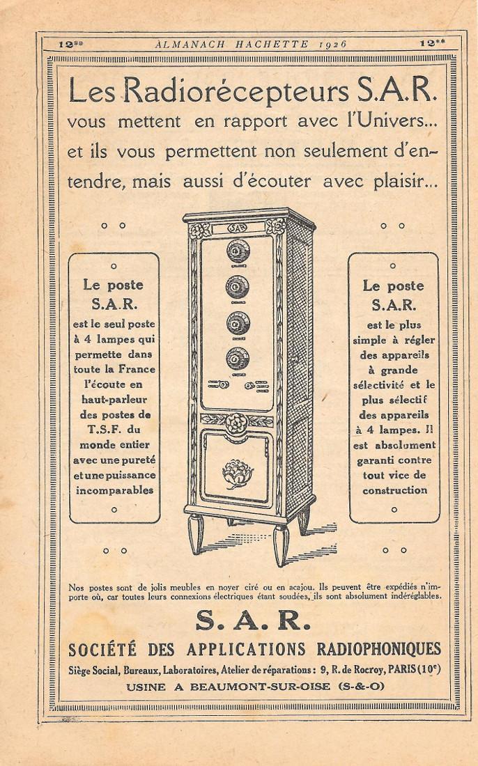 Les radiorecepteurs SAR. Société des Applications Radiophoniques. Advertising 1926