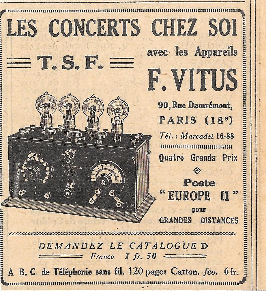 Les concertes chez soi avec le appareils F. Vitus. Advertising 1926