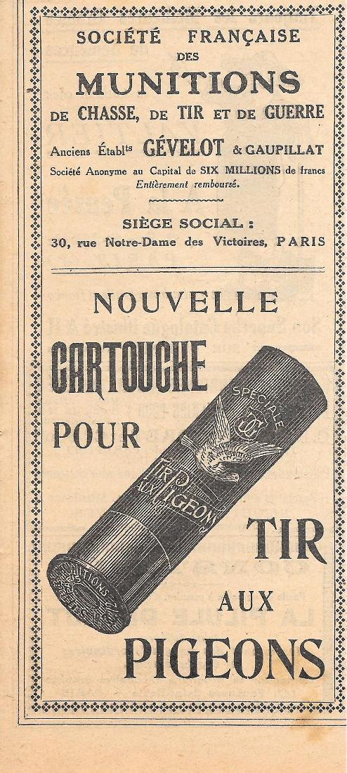 Gévelot & Gaupillat. Cartuche pour tir aux pigeons. Advertising 1926