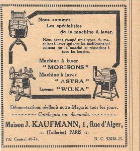 Machine a laver Morisons, Astra, Wilka. J.Kaufmann Paris. Advertising 1926 - copertina